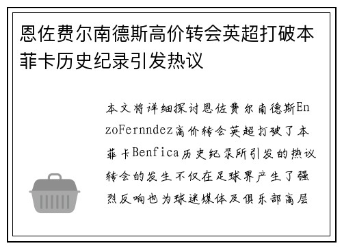 恩佐费尔南德斯高价转会英超打破本菲卡历史纪录引发热议